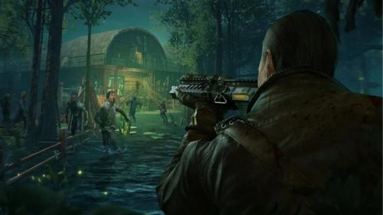 A soldier shooting zombies outside of a base