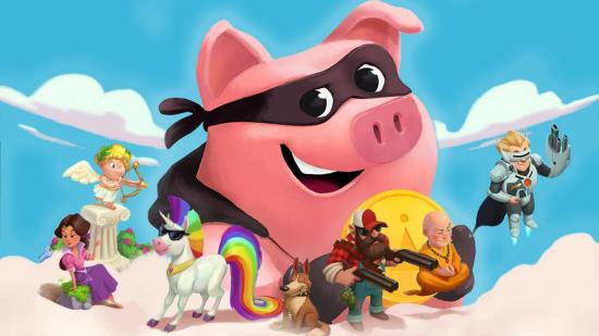 A pig giving out Coin Master free spins and coins up in the clouds