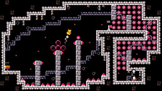 a duck jumpin over spikes in a castle-based setting