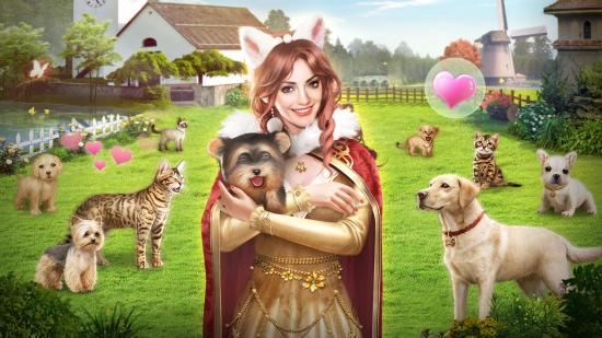 A sultana holding a dog in a field full of pets