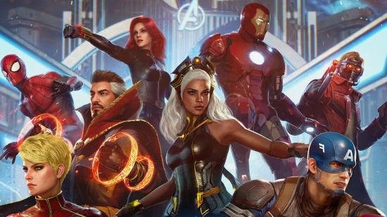 Captain America, Captain Marvel, Storm, Spider-Man, Iron Man, Doctor Strange, and Black Widow