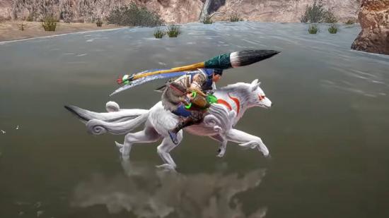 A hunter rides on a Palamute wearing the Amaterasu layered armour