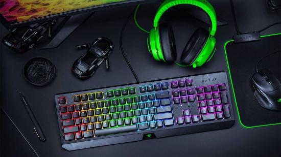 A Razer headset, mouse, and keyboard on a desk