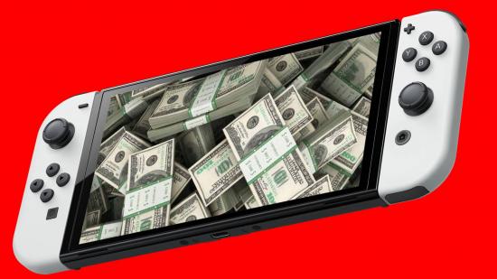 A Nintendo Switch OLED Model is pictured with a large pile of cash on the screen