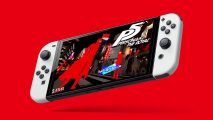 A Nintendo Switch shows the menu screen of Persona 5 Royal