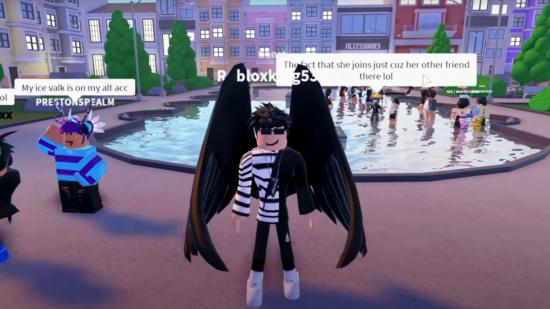 Slender avatar with wings on their back, and a fountain in the background