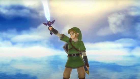 Link holding his sword to the sky