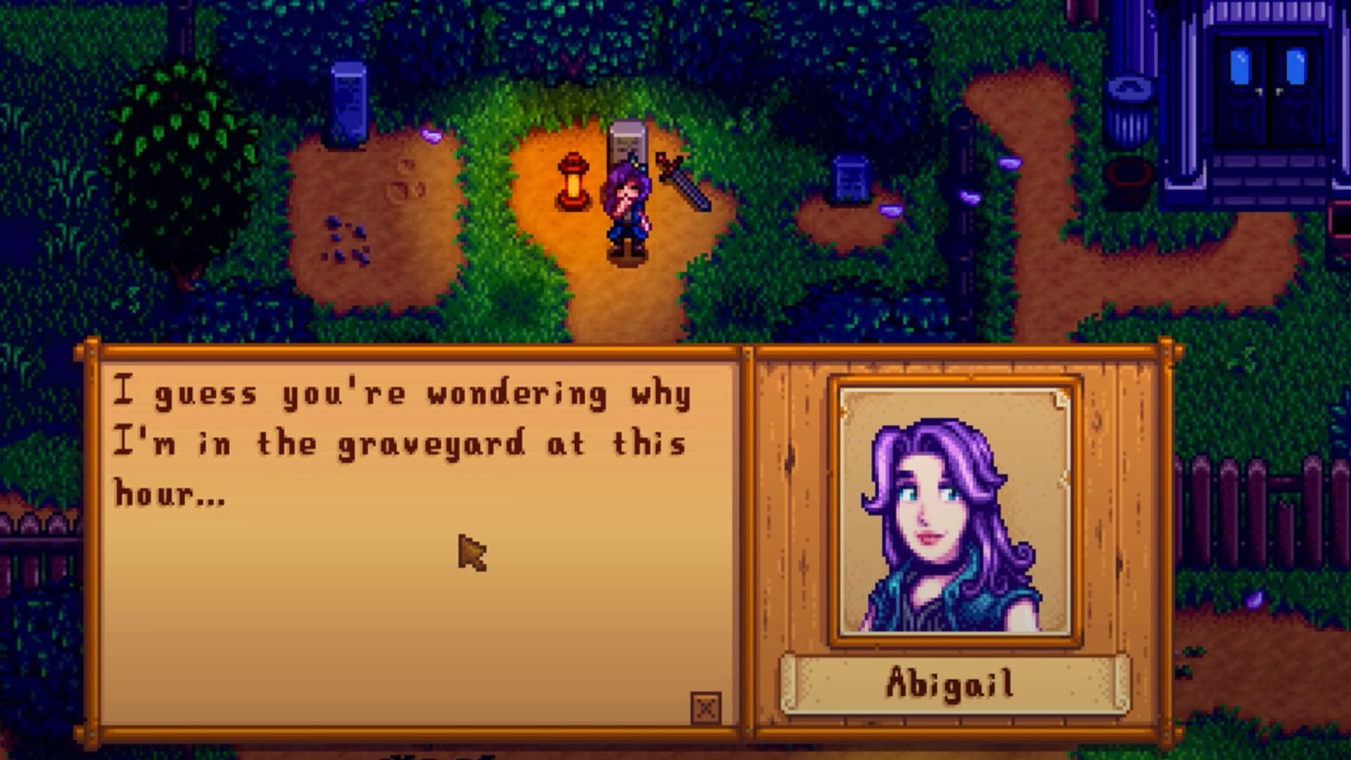 Stardew Valley's Abigail standing in a graveyard