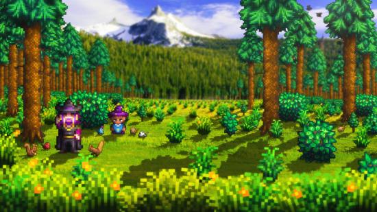 Stardew Valley coop - Two characters stood in a forest clearing, surrounded by animals