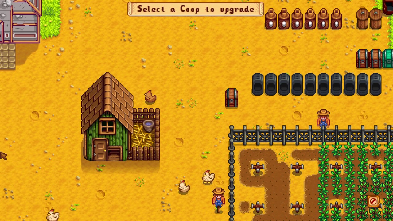 A screenshot of a Stardew Valley coop, with an action command stating 'select a coop to upgrade'
