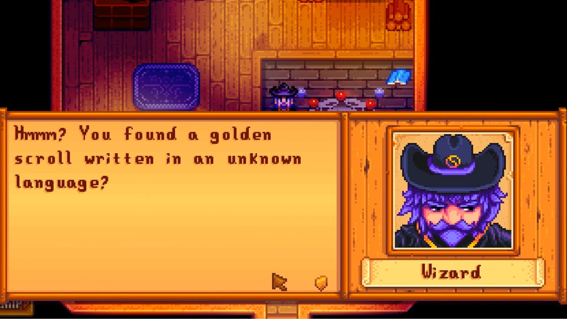 Stardew Valley's Wizard talking about a golden scroll