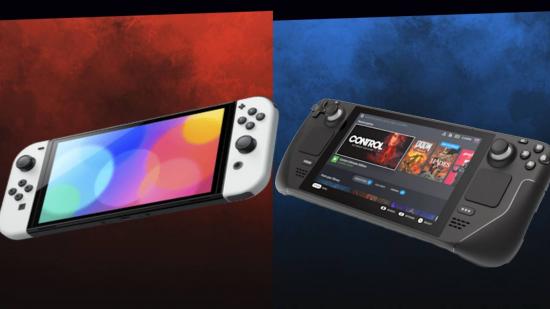 The Nintendo Switch OLED model and Steam Deck appear as competitors in a fighting game