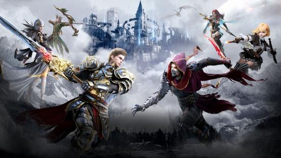 Promotional image showing characters battling in front of a castle