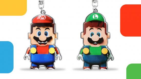 A pair of keyrings are pictured, featuring the Lego versions of Mario and Luigi