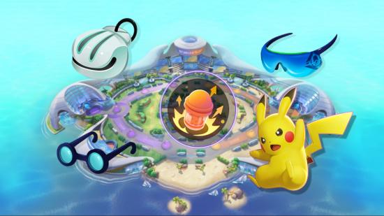 Pokémon Unite special attack items and Pikachu over an arena background