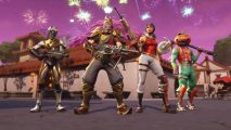 Several characters from Fortnite stand in a row, holding various weapons
