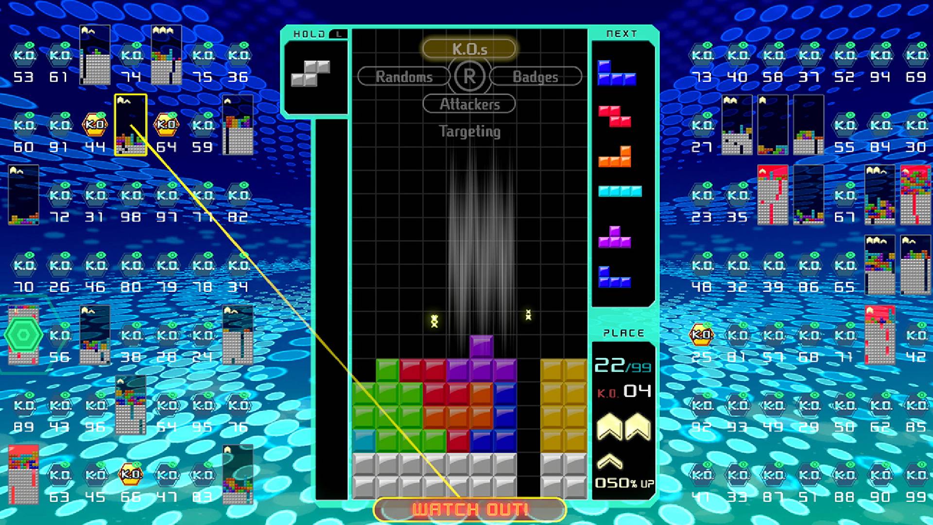 A game of Tetris is being played while 98 other games of Tetris are shown around the main display
