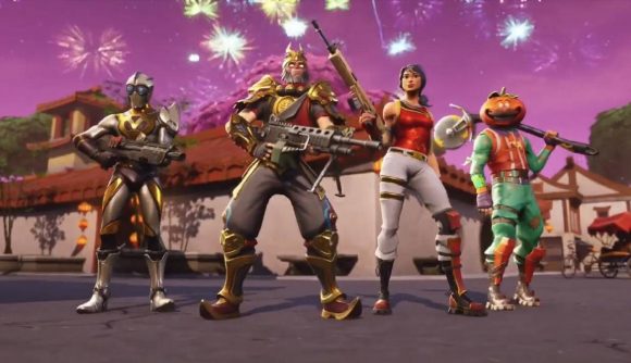 Several characters from Fortnite stand in a row, holding various weapons