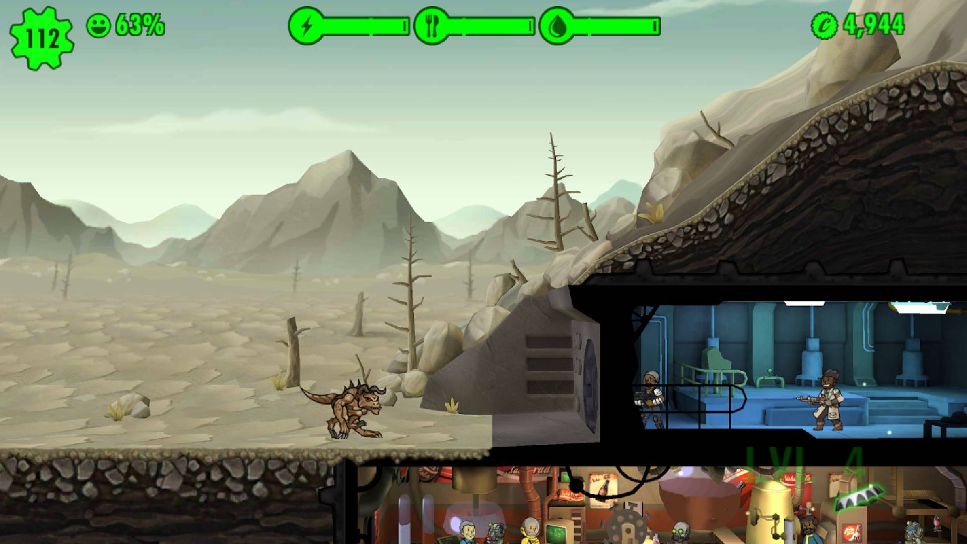 A bunker in the wasteland is shown, with characters on the inside in seperate rooms