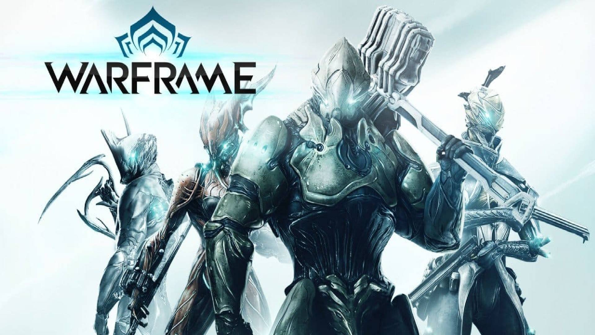 The characters of Warframe are shown holding various weapons looking forward