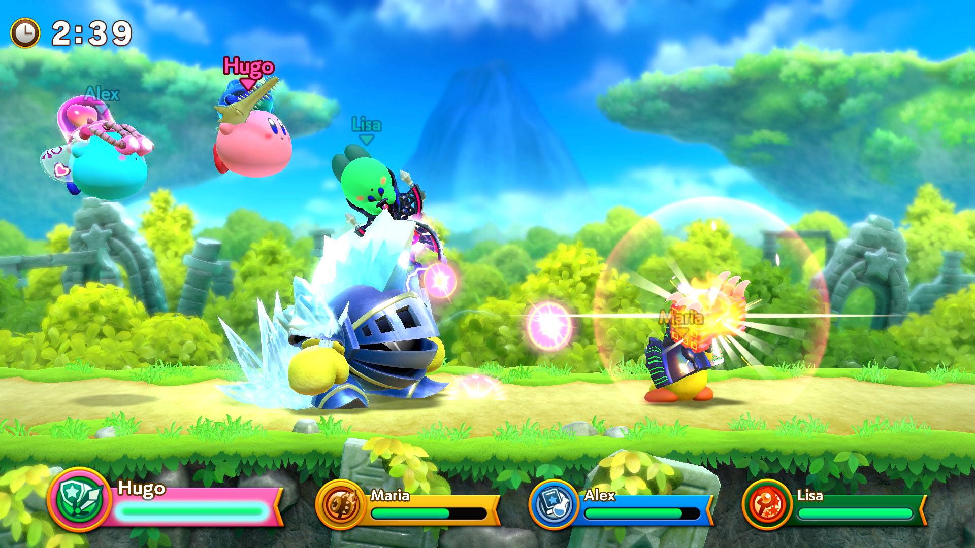 Four kirby characters are shown attacking a large enemy simultaneously 