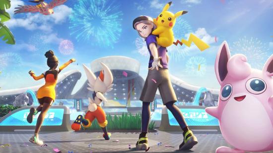 A Pokemon trainer is shown with a P{ikachu on their back, and a Wigglytuff in the foreground