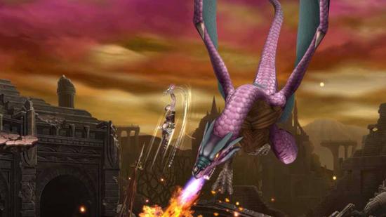 A character jumps and strikes a fist upwards, narrowly missing a giant purple dragon shooting fire forwards