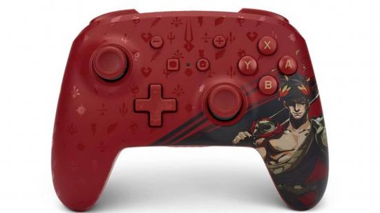 An officially licensed PowerA controller is covered in a detailed red pattern, and a picture of Zagreus the protagonist of Hades