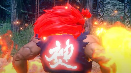 Akuma from Street Fighter stands victoriously while the pattern on his outfit glows
