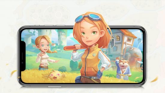 My Time at Portia characters coming out of a mobile phone
