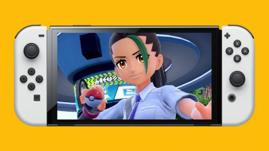 Nintendo Switch sales - a Switch OLED on a mango yellow background, with two white controllers attached either side of the screen. On the screen is a shot from Pokémon Scarlet & Violet, showing a woman with a brown ponytail holding up a pokeball. She is in a white button up shirt with a tie, and has a green strand of hair coming over her left eye.