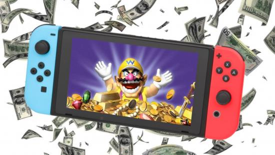 Wario appears on a switch screen swimming in gold, while cash falls around behind the Nintendo Switch