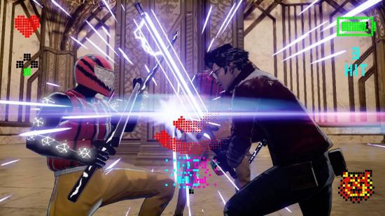 Travis Touchdown is caught in a sword dual with an enemy wearing a bike helmet