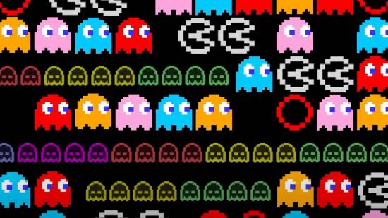 Ghosts and items from the game Pac-man fill a black screen
