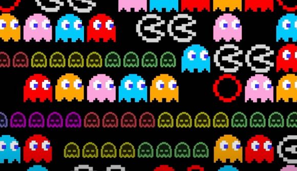 Ghosts and items from the game Pac-man fill a black screen
