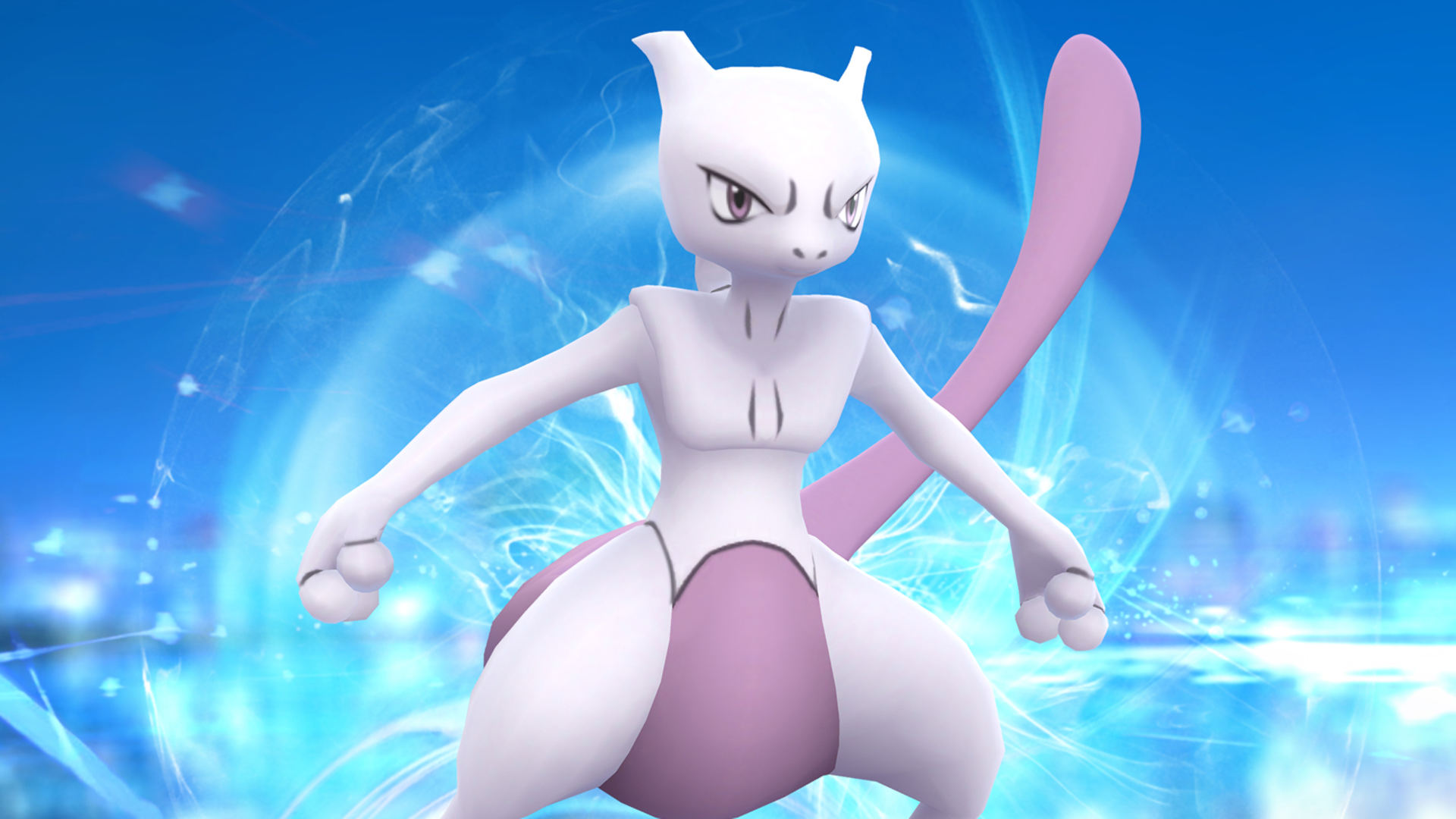 Pokemon Go's Mewtwo against a blue background