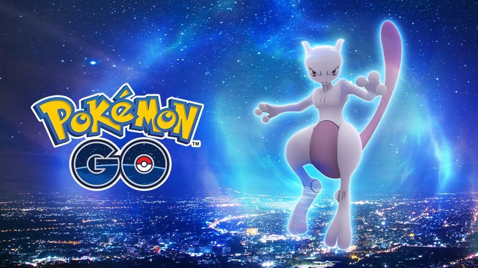Pokemon go mewtwo against a cityscape, with the game logo