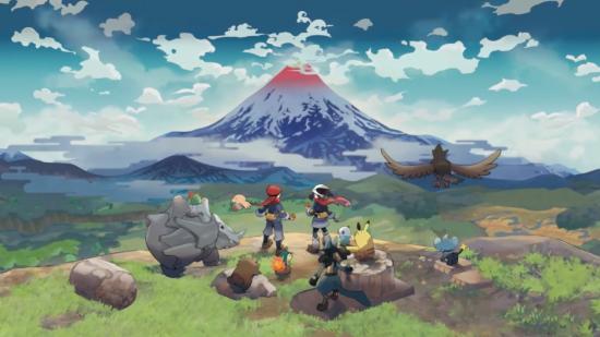 Two Pokemon trainers and several Pokemon stand on a cliff edge, looking at Mt Coronet in the Hisui region