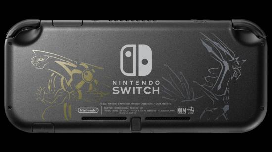 The back of a Nintendo Switch Lite is shown, with a black colour all over and a gold and silver metallic detail showing the legendary Pokémon Dialga and Palkia