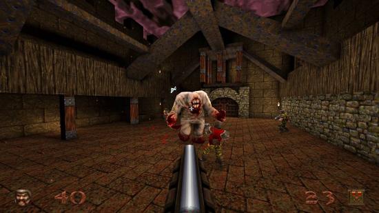 A grim landscape shows several gruesome monsters from a first person perspective, with a shotgun shown being held by the protagonist