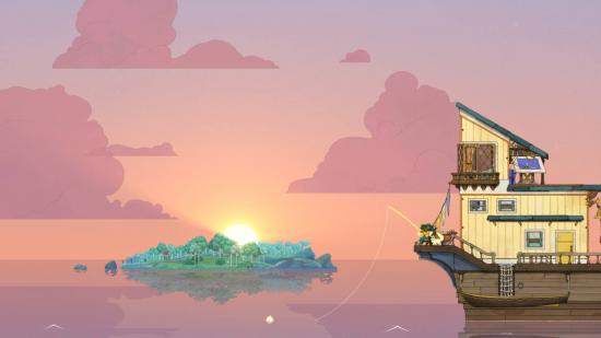 A female character and her cat sit on the edge of a boat, fishing at sunset