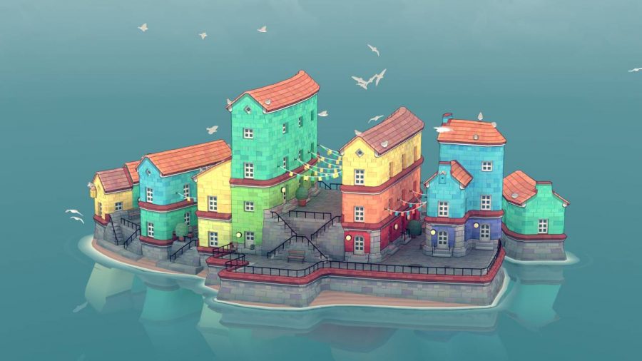 An idyllic little village is shown atop a blue ocean