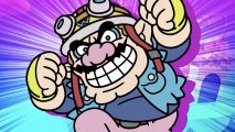 Wario is pictured enthusiastically punching the air, wearing his WarioWare biker outfit