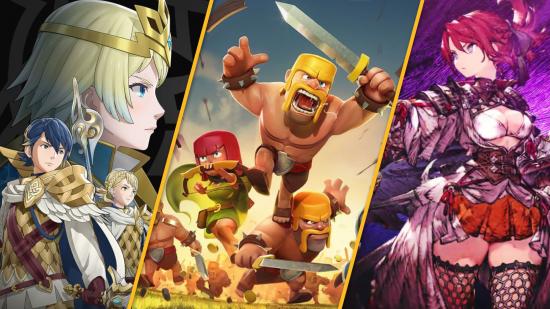 Best Mobile Strategy games from left to right - Fire Emblem Heroes, Clash of Clans, and War of the Visions