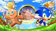 Cookie Run Kingdom Sonic crossover: Sonic, Tails, and Gingerbrave running towards the camera