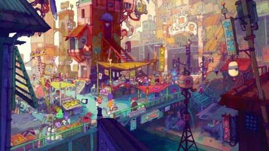 Screenshot from an Eastward cutscene showing a bustling city