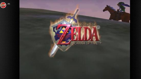 The title screen to The Legend Of Zelda: Ocarina Of Time is shown, with Link riding Epona up a hill.