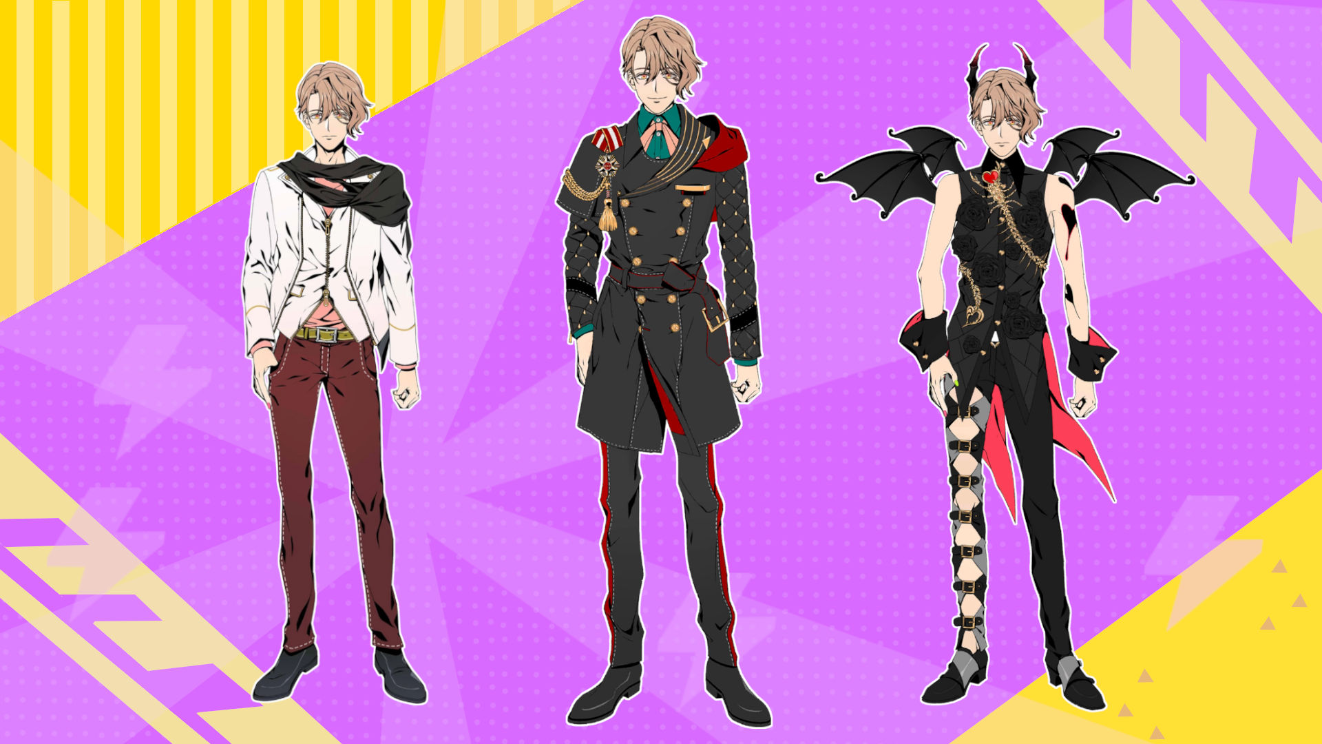 Obey Me's Asmodeus in three different outfits