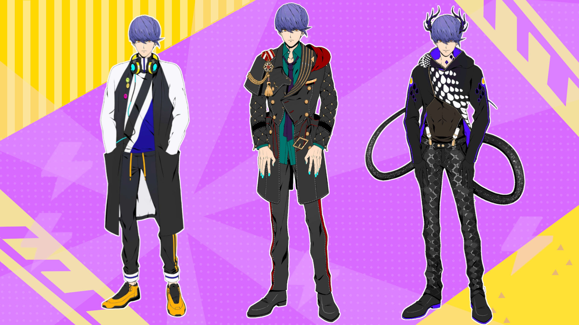 Obey Me's Leviathan in three different outfits
