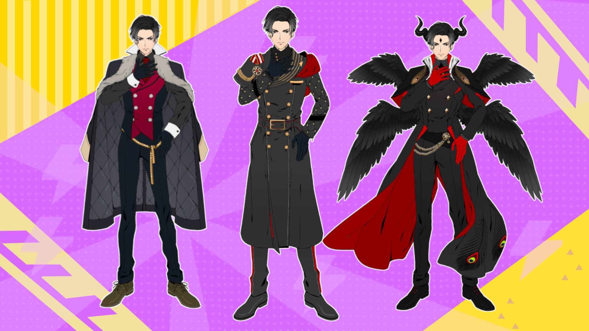Obey Me's Lucifer in three different outfits